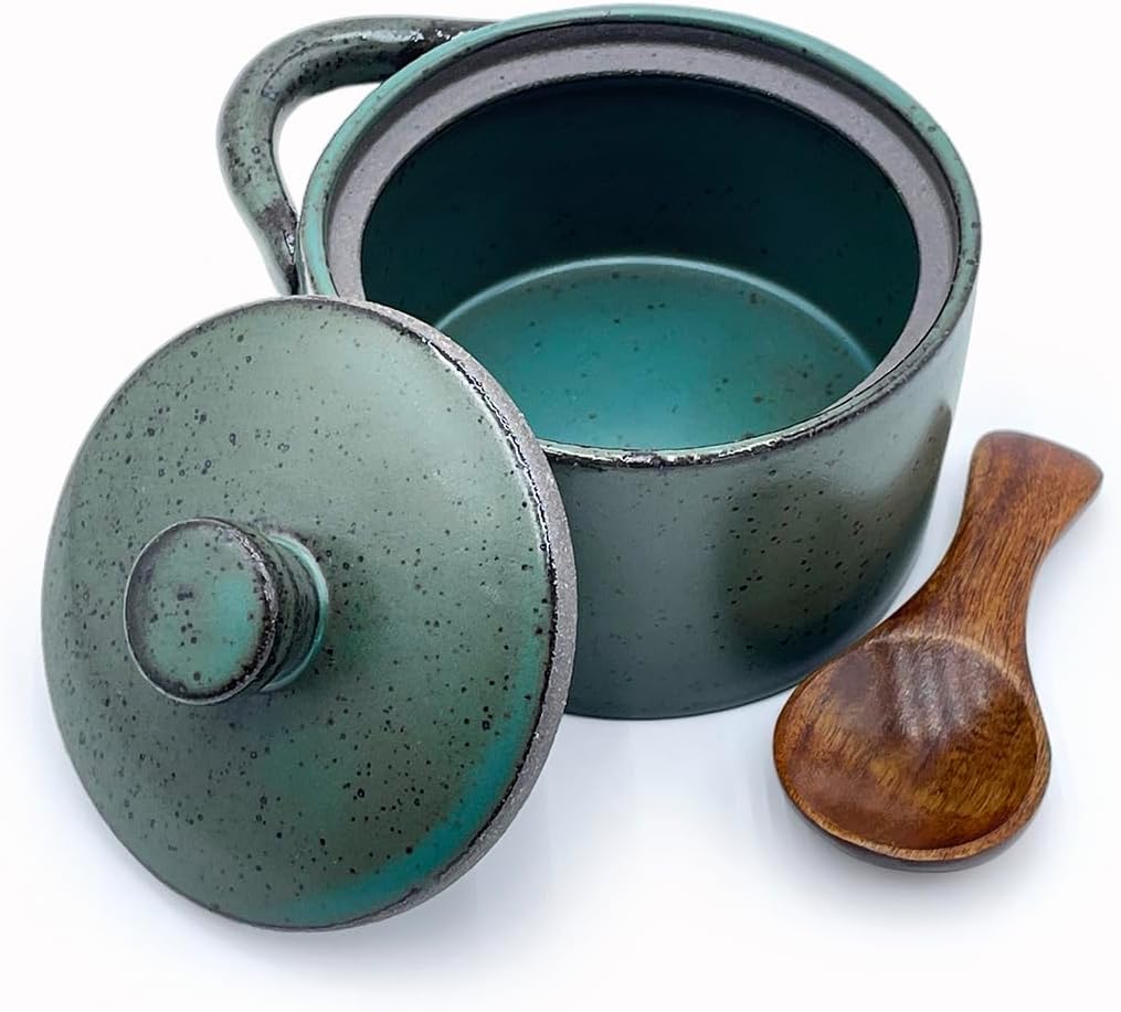 8 oz Ceramic Salt Cellar with Lid & Wooden Spoon,Countertop Salt Container,Sugar Bowl,Spices Jar| Artisan Kitchen