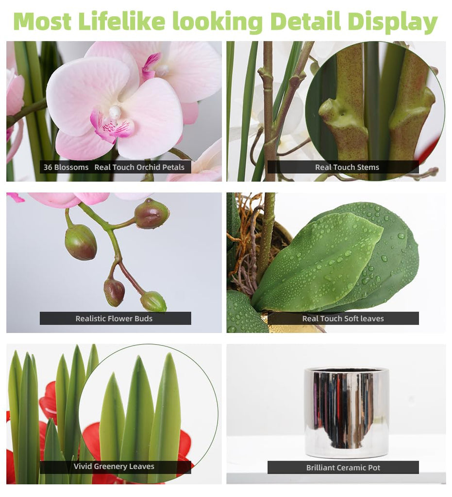 Artificial Orchid Flower Plants Real Touch Faux Orchids in Ceramic Vase 20.9'' Pink Phalaenopsis Orchid Fake Flower