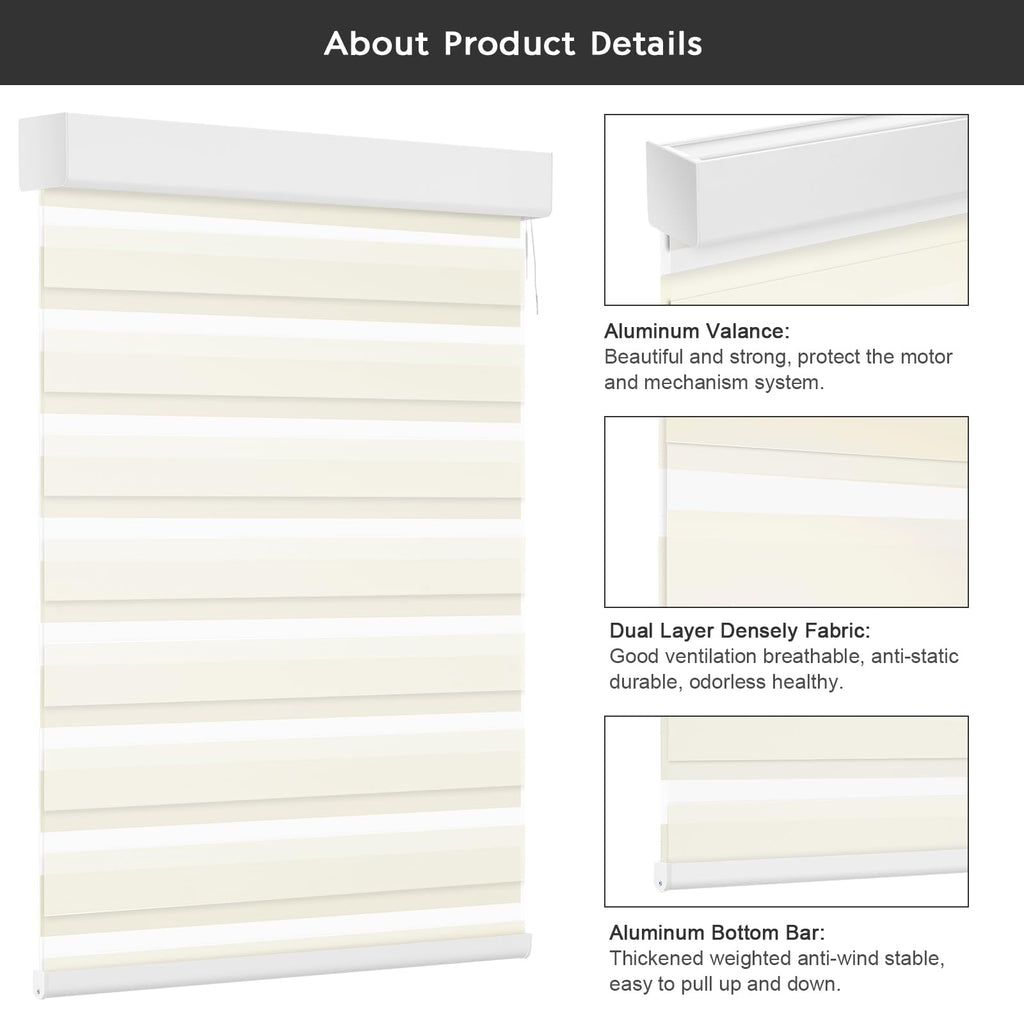 Smart Zebra Blinds Motorized Shades Remote Control for Indoor Windows, Custom Size Electric Solar Panel Power
