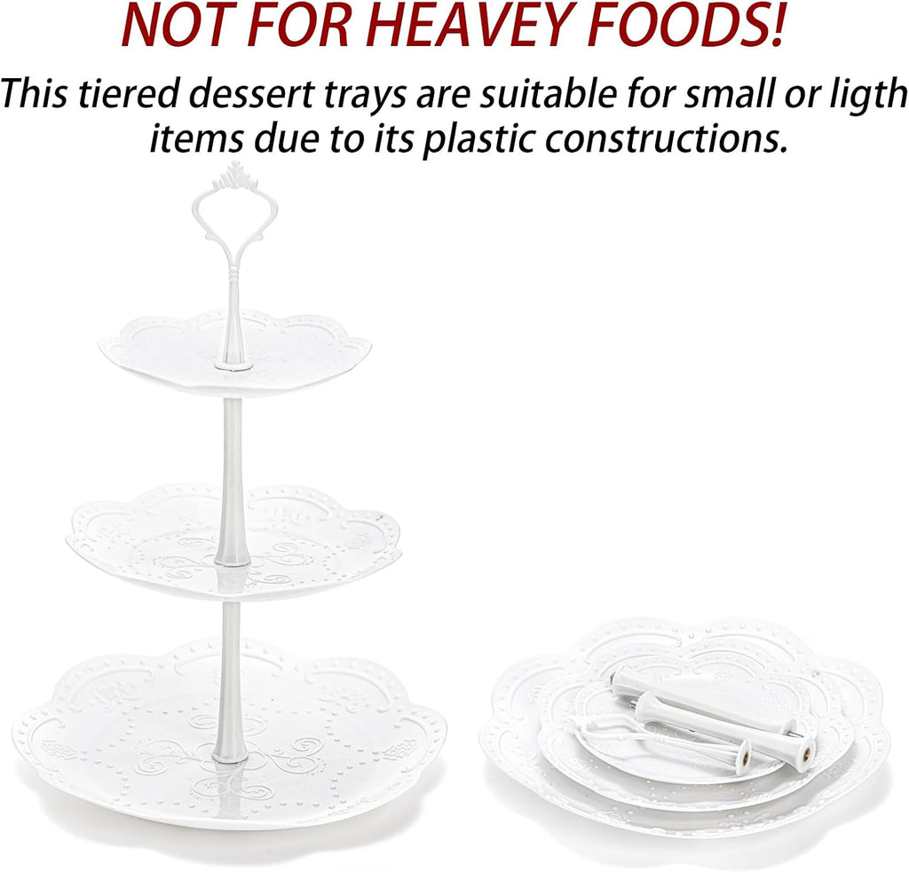 Tiers White Plastic Cupcake Stand Dessert Stand Tiered Serving Trays - Round, Square, Flower - Set of 3