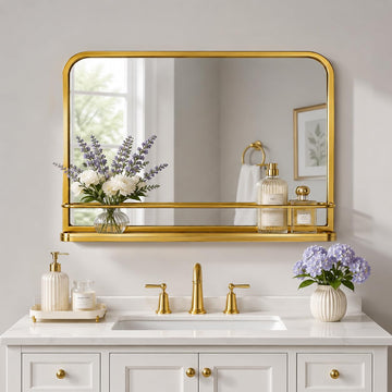 Large Bathroom Mirror with Shelf, Matte Gold Modern Farmhouse Bathroom Vanity Mirror for Wall, Rectangle Metal Framed