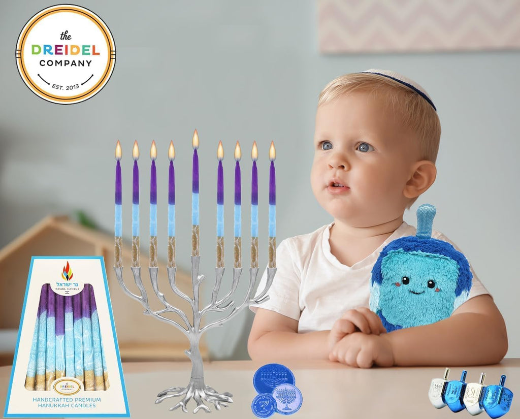 Dripless Hanukkah Candles 45 Hanukkah Candles Decorative Purple, with Blue & Gold Frosted Stripes 1-Hour Burn Time - Set of 45