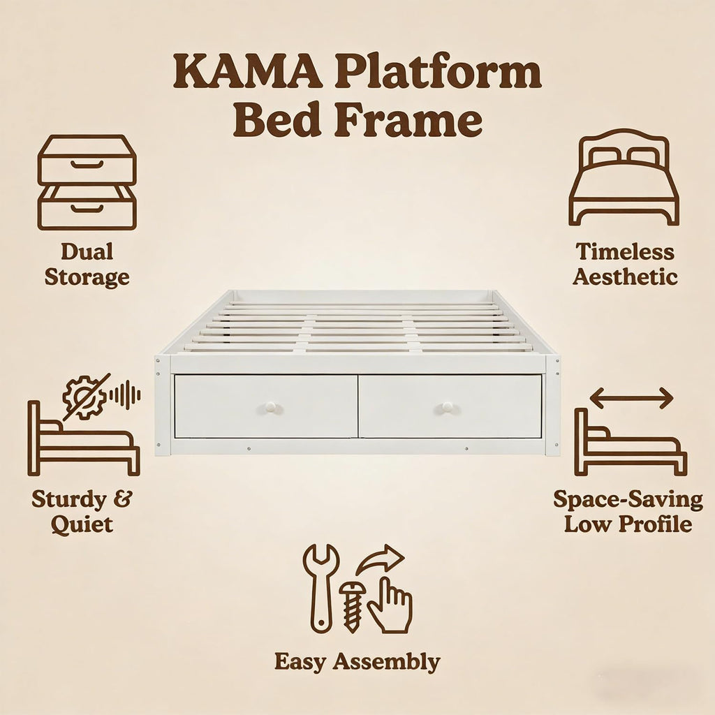 Farmhouse Wood Bed Frame, Japanese Low Platform Wooden Beds Frames with 4 Drawers & Concealed Hydraulic