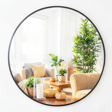 36 Inch Large Round Mirror, Metal Frame Wall Mirror Mounted Black Circle Mirrors, Vanity Mirror Modern Minimalist