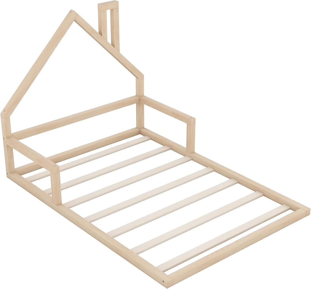 Full Size Wood Floor Bed with House-Shaped Headboard, Wooden Platform Bed Frame, No Box Spring Required