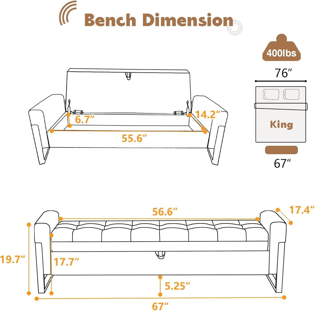 67" Storage Bench , End of Bed Bench King Size, Brown | Upholstered Velvet Storage Ottoman Bench with Golden Legs