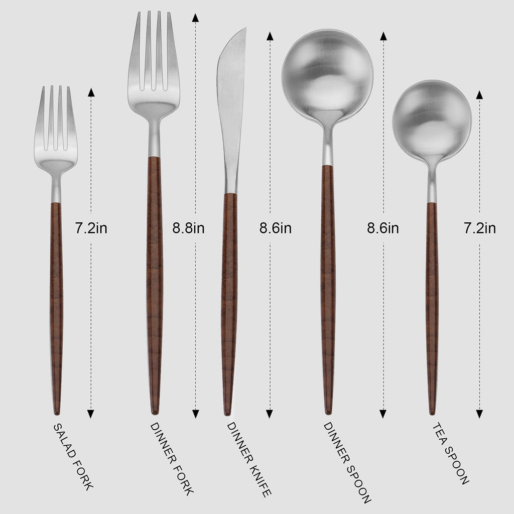 Matte Silver Silverware Set With Brown Handle, 20 Piece Stainless Steel Cutlery Flatware Set, Kitchen Utensil Sets
