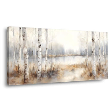 Misty Birch Tree Forest Canvas Wall Art Watercolor Lake Landscape Painting Flat Print Gallery Wrapped Nature Artwork
