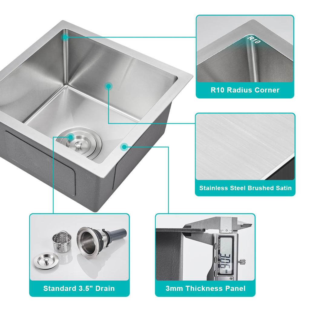 15 x 15 Inch Undermount Kitchen Sink 18 Gauge 304 Stainless Steel