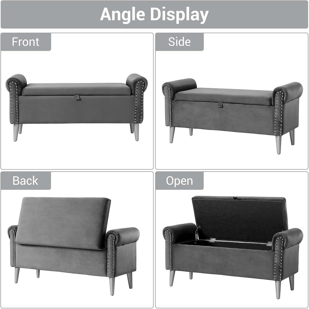 Storage Bench - Grey Velvet Bench with Storage 47" | Featuring Rolled Arms Decorative Nailhead Trim Safety Hinge