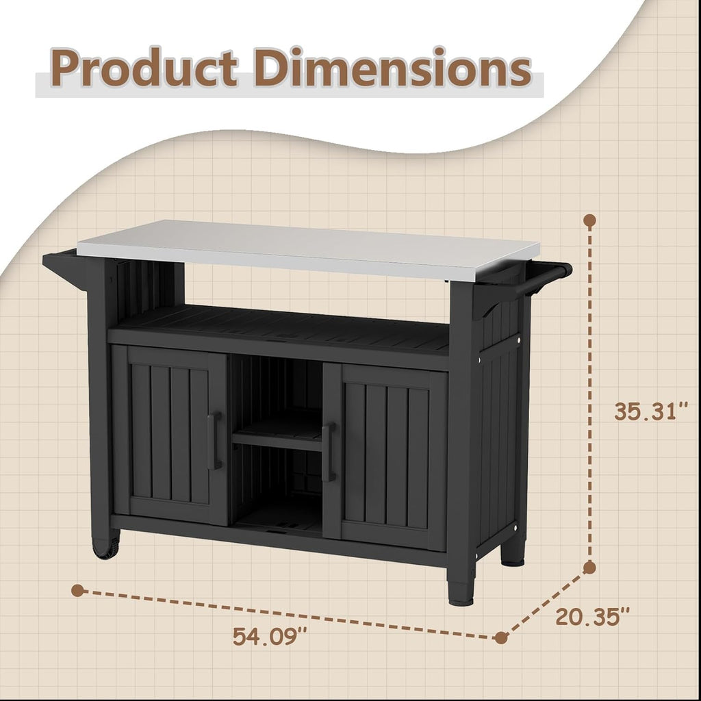 Outdoor Storage Cabinet, Patio Storage Table, Bar Table with Wheels, Outdoor Bar Cart, Poolside and Backyard, Classic