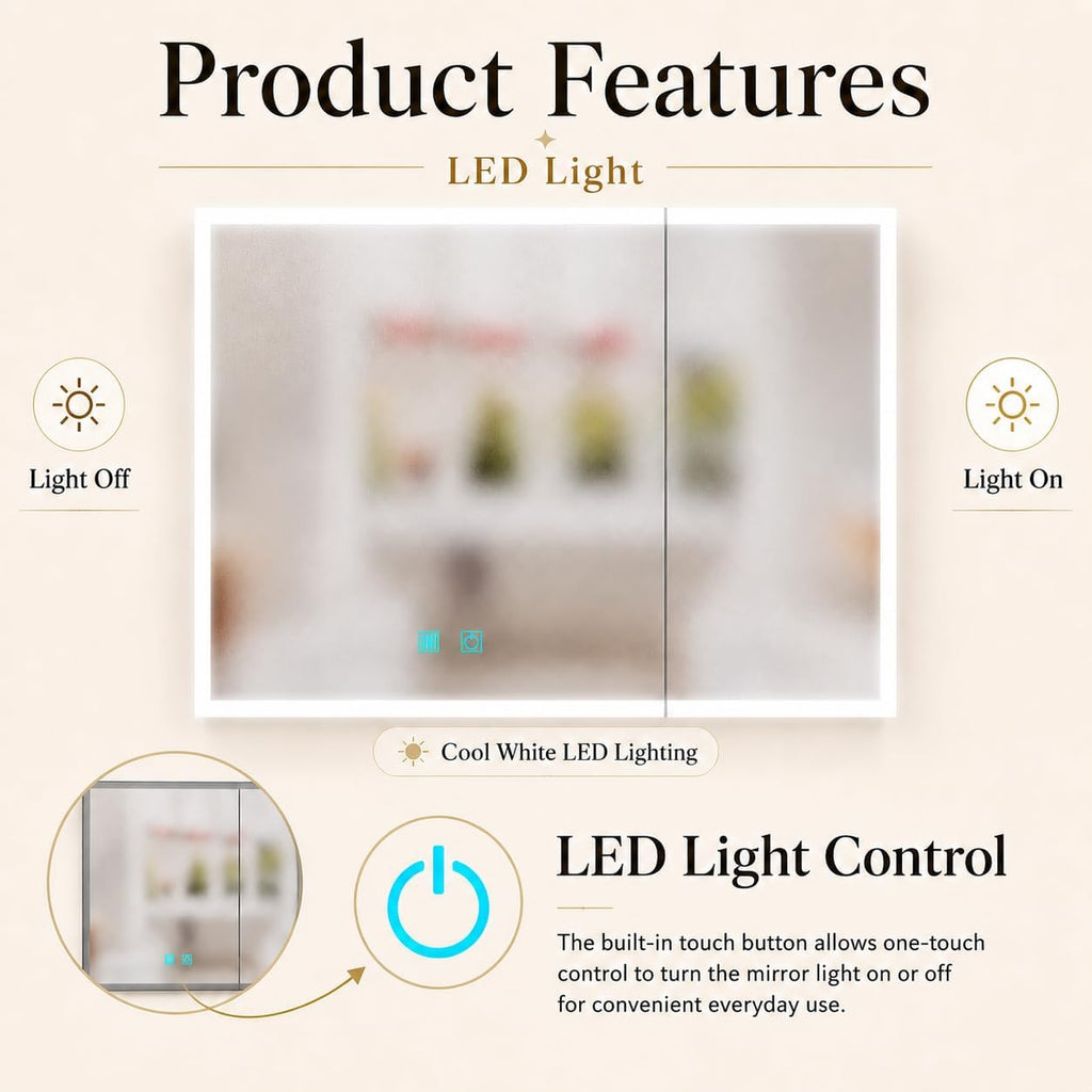 LED Bathroom Medicine Cabinet with Mirror, Anti-Fog, Single-Color White LED Light, Aluminum Wall-Mounted Storage