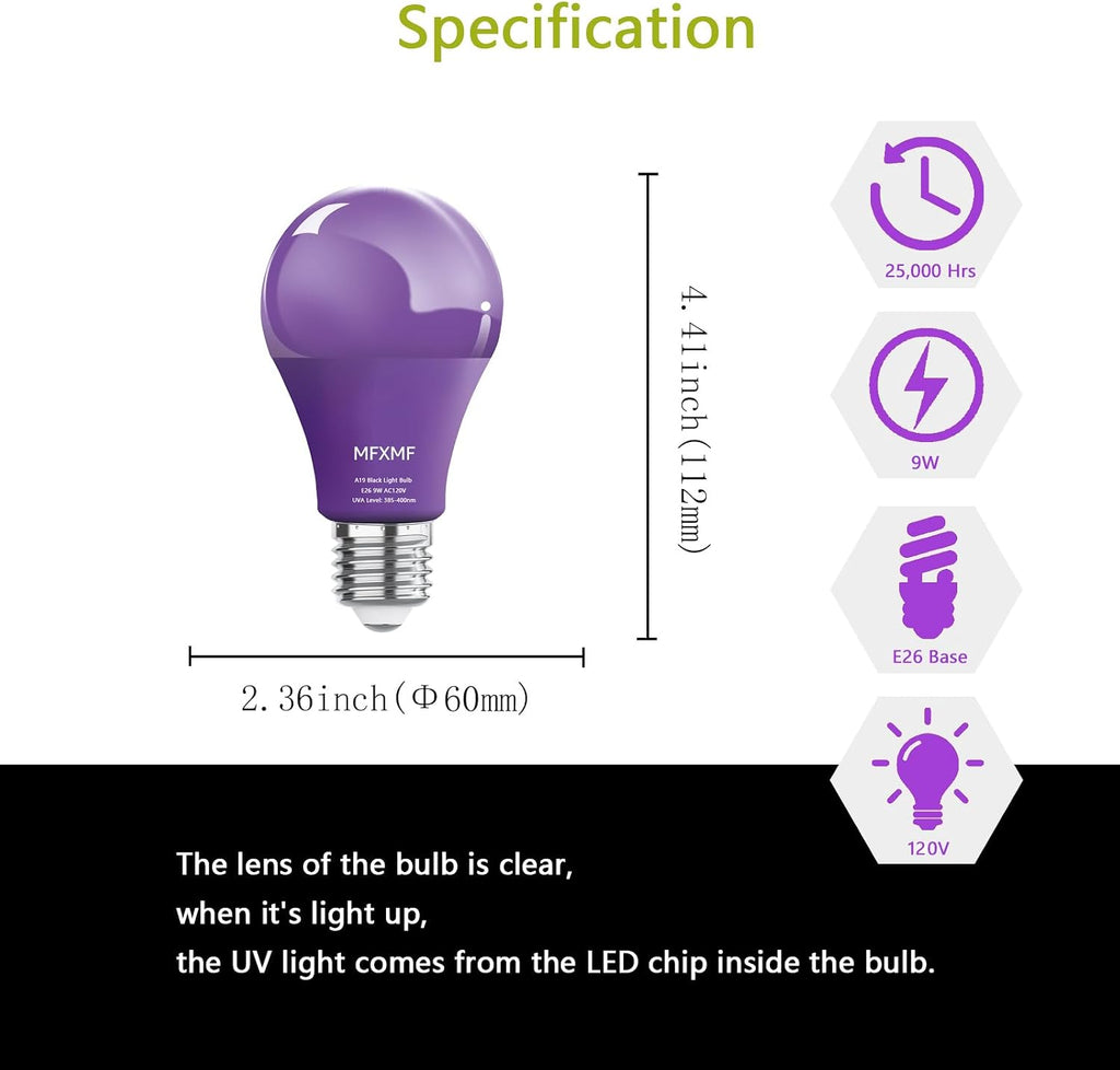 A19 LED Black Light Bulbs,Dimmable 9W Equivalent 100W,4 Pack