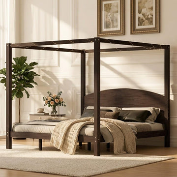 Wood Canopy Bed Frame with Headboard and Storage, Brown