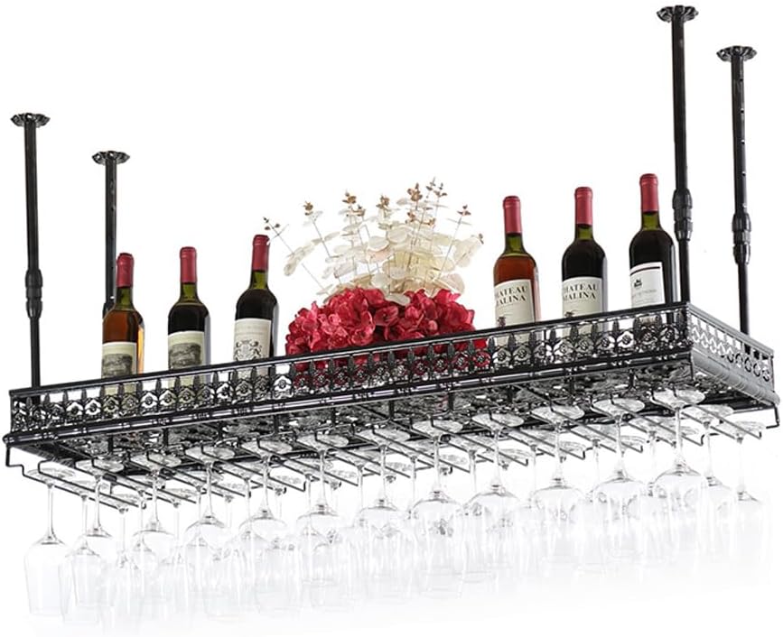 Hanging Wine Rack with Glass Holder, Ceiling Wine Glass Rack 13.78-21.65 inch Height Adjustable Industrial Hanging