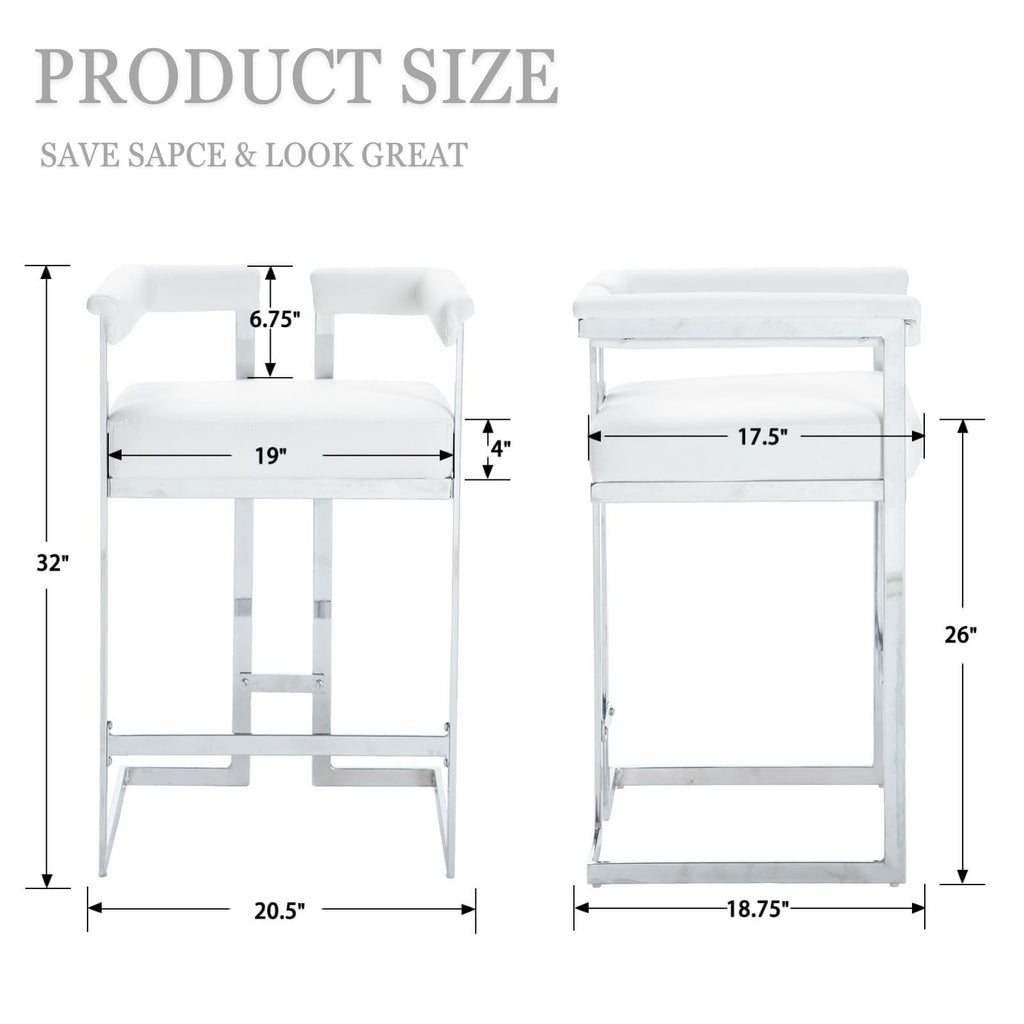 Modern 26" Bar Stools Set of 2 | Faux Leather Upholstered Counter Height Stool with Chrome Metal Frame, Kitchen Bar