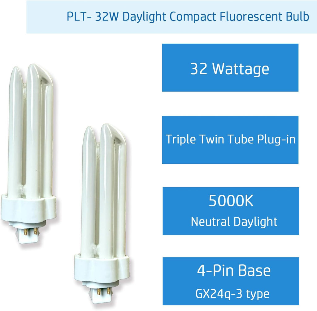 6pack PLT 32W Triple Tube Fluorescent Light Bulb, 5000K Bright White Daylight 4-Pin GX24-3 Type Base,High