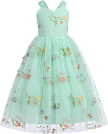 Floral Embroidered Tulle Dress Girls Sleeveless Spaghetti Straps Formal Birthday Wedding Pageant Party Tulle Dresses
