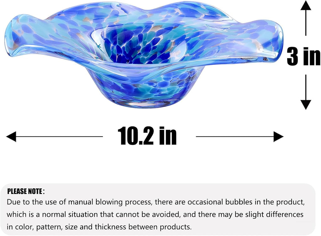Hand Blown Murano-style Art Glass Bowl, 10.2-Inch Large Decorative Centerpiece for Table, Cobalt Blue Fruit Display &