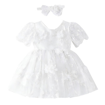 Newborn Baby Girl Christening Dress White Baptism Lace Short Sleeve Wedding Dresses with Bonnet Outfit(White Bow, 0-3
