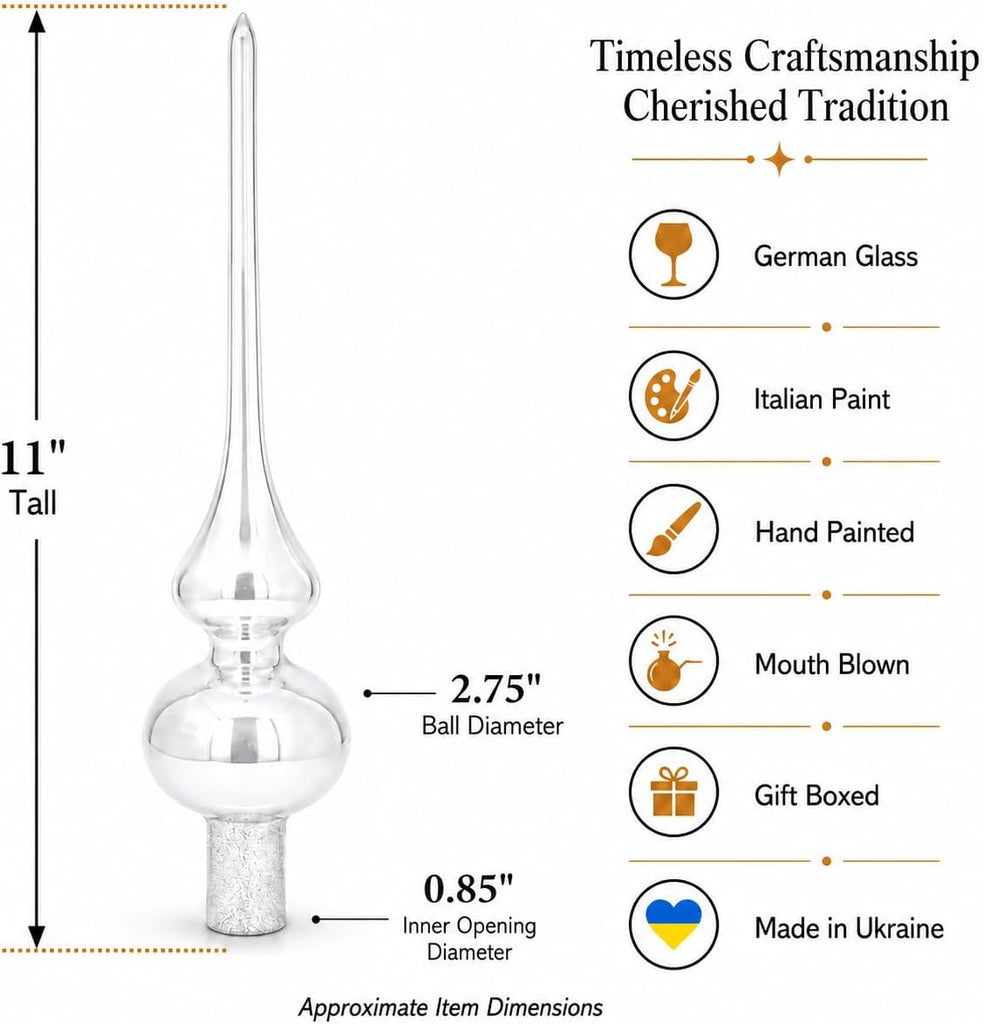 Dimensional White Jewels Speckled Silver Mouth Blown Glass Tree Topper