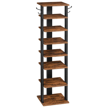 8 Tiers Vertical Shoe Rack, Wooden Shoe Storage Organizer with Hooks, Narrow Shoe Tower for 8 Pairs, Space Saving