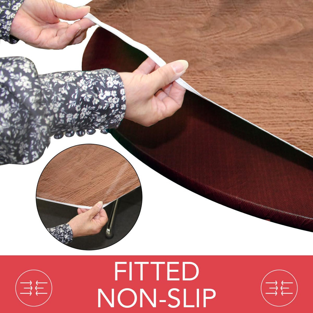 Deluxe Elastic Edged Flannel Backed Vinyl Fitted Table Cover - Woodgrain (Oak) Pattern - Large Round - Fits Tables up