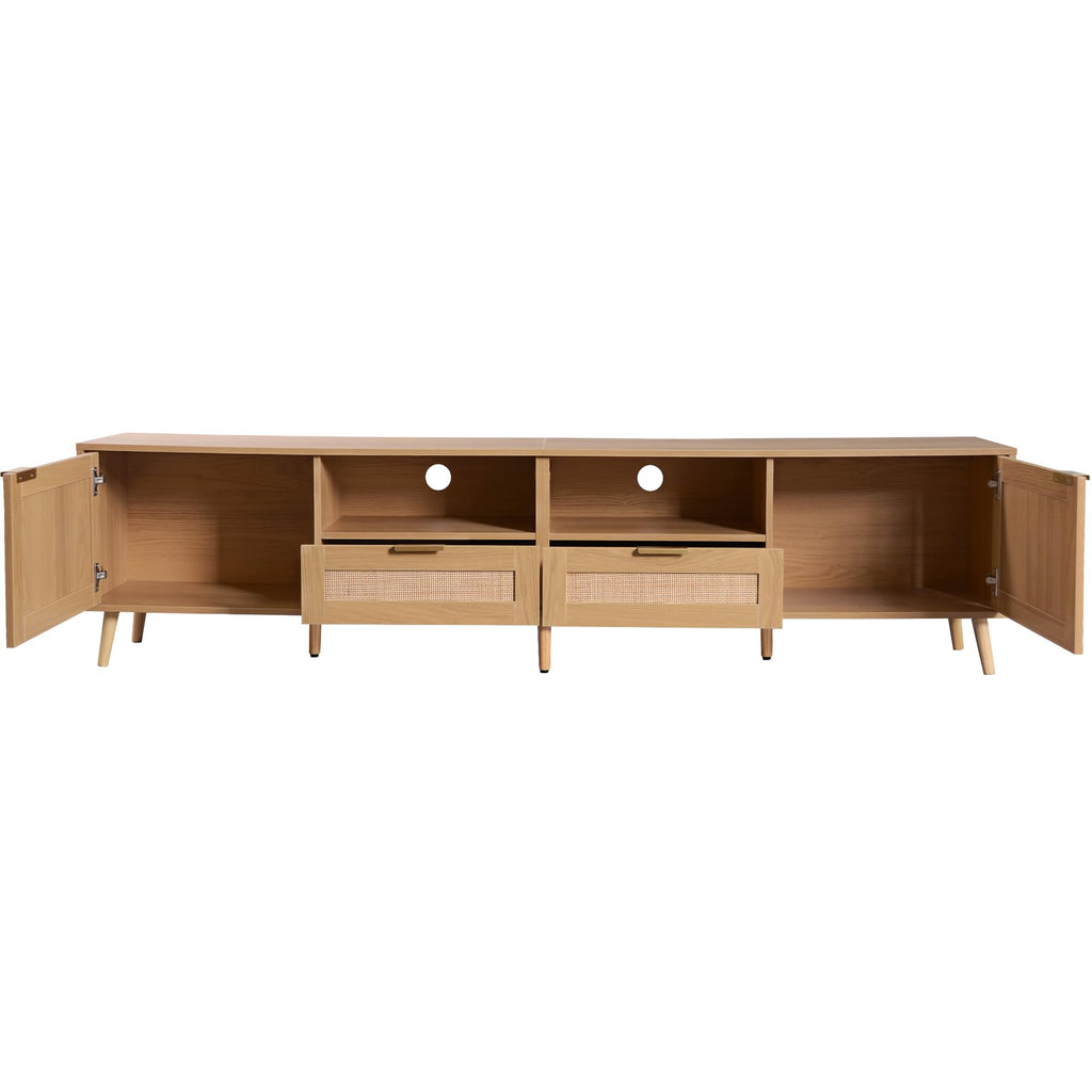 Rattan TV Stand for 85''+ TV, Mid Century Modern Entertainment Center with Rattan Decor Doors, Wood TV Console with 2