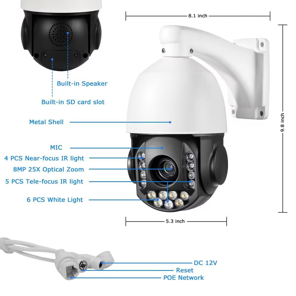 8MP 4K 25X optical 5.3-130mm Auto Tracking Outdoor PTZ Camera PoE IP wired Human Vehicle Detect Security Camera with