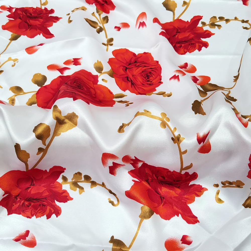 Rose Flowers Print Satin Fabric Polyester Lining Dress Sewing Material