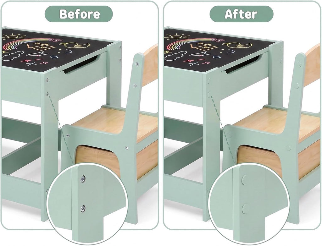 Kids Table & 2 Chairs Set, 4 in 1 Wooden Activity Table w/Bookshelf