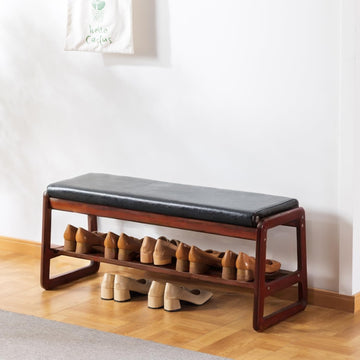 Solid Wood Shoe Bench, 2-Tier Wooden Entryway Bench, Modern Shoe Rack with Cushion (Black, 39.4'')