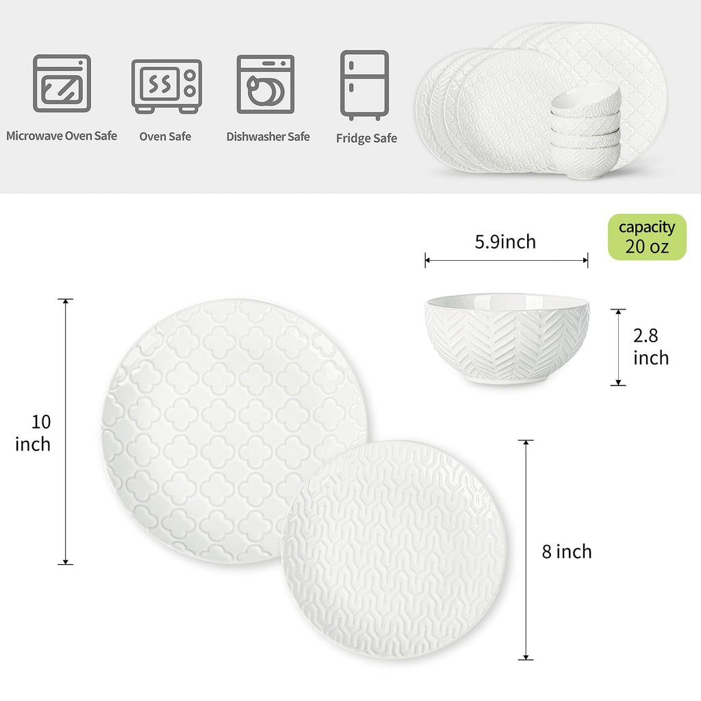 Ceramic Dinnerware Sets for 6, 18 Pieces Stoneware Plates and Bowls Sets, Embossed Scratch Resistant Dinner Set