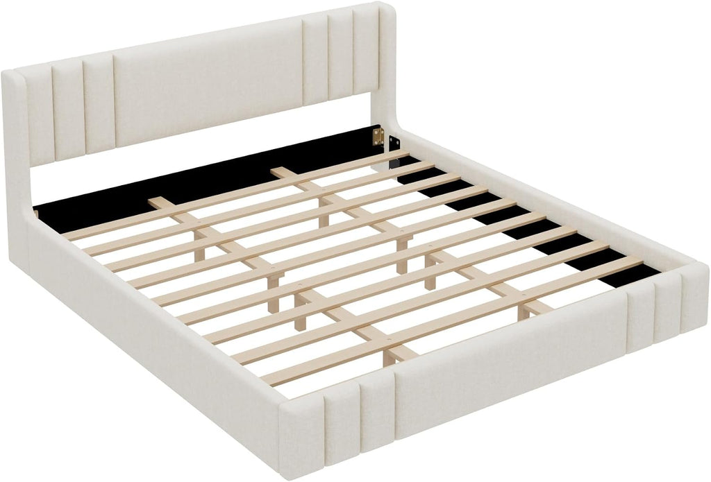 Floor Upholstered Bed Frame with Wingback Headboard