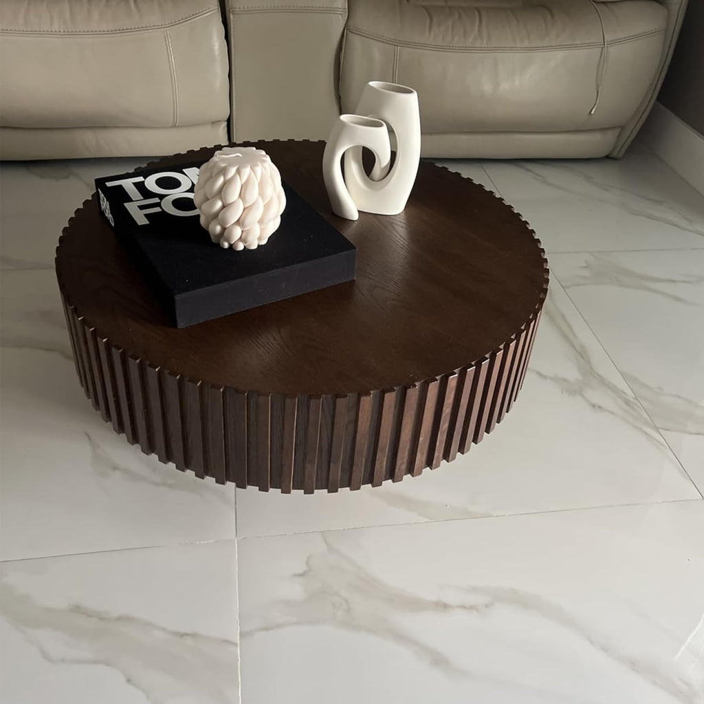 31.49" Walnut Round Wood, Modern Unique Fluted Tea Table, Contemporary Drum Circle Accent Center Table, Small Space