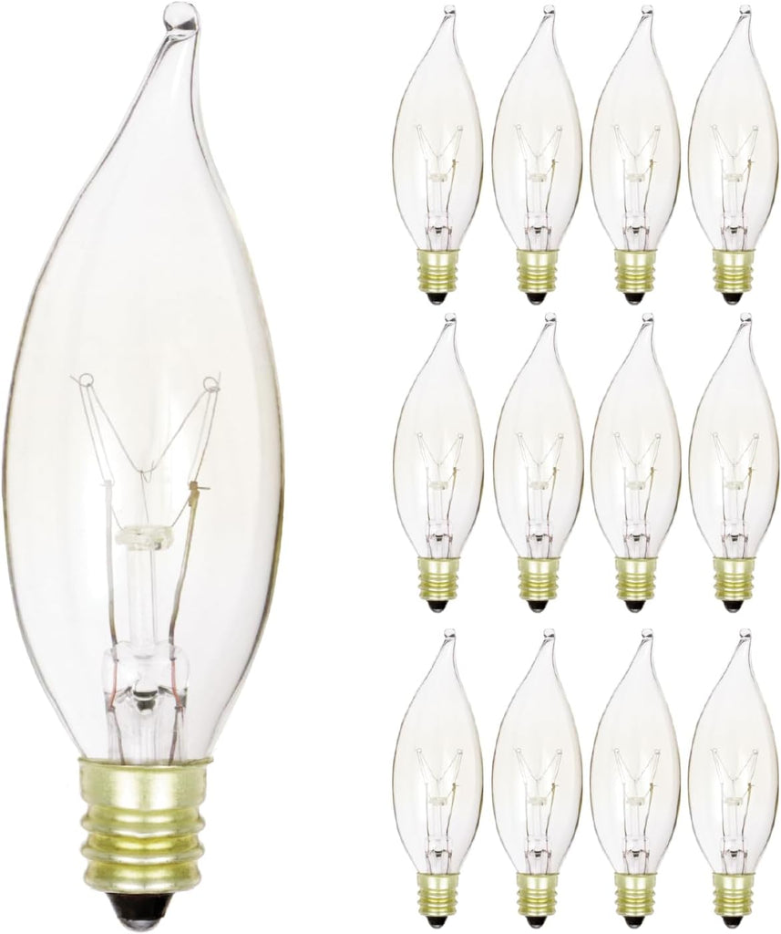 Pack of 12 25-Watt Clear Candelabra Base (E12) Flame Tip 120V Decorative Dimmable 25W Chandelier Lights Bulbs