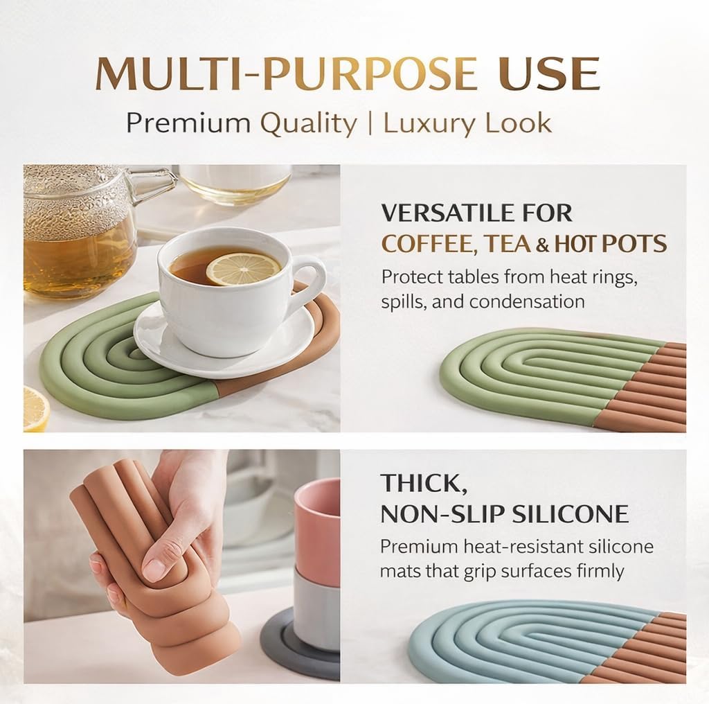 Silicone Drink Coasters - Heat Resistant Non-Slip Trivet Mats for Hot Pots, Coffee & Tea Cups, Rainbow - Set of 6