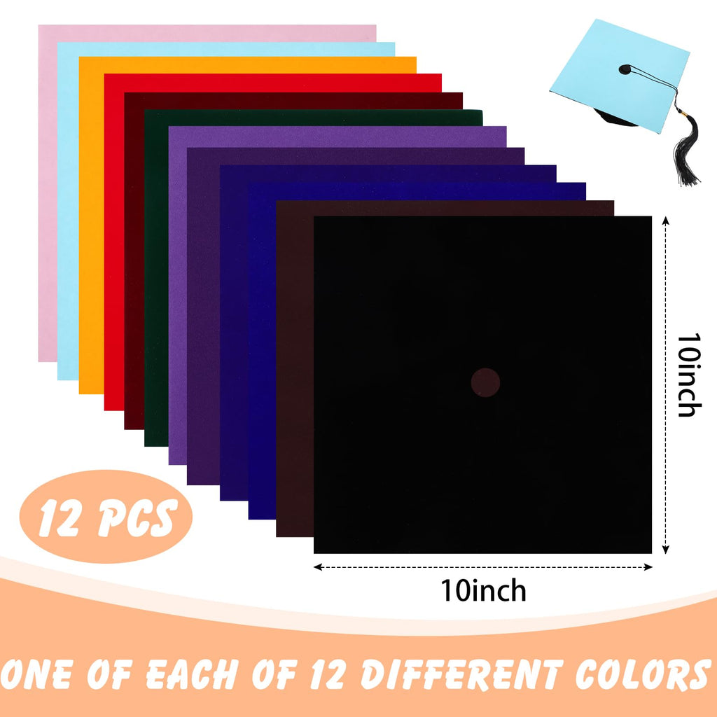 Mixed 12 Sheets Graduation Cap Fabric Topper Decoration, 10 x 10 Inch Velvet Grad Cap Cover Blank Decorative Velvet