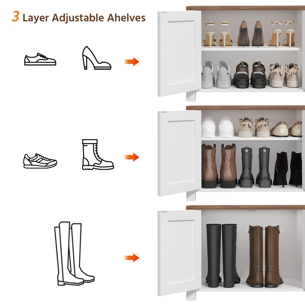 47.3" Shoe Storage Bench, Farmhouse Entryway Bench with 4 Doors & Adjustable Shelves, 2-Tier Shoe Bench, Hallyway