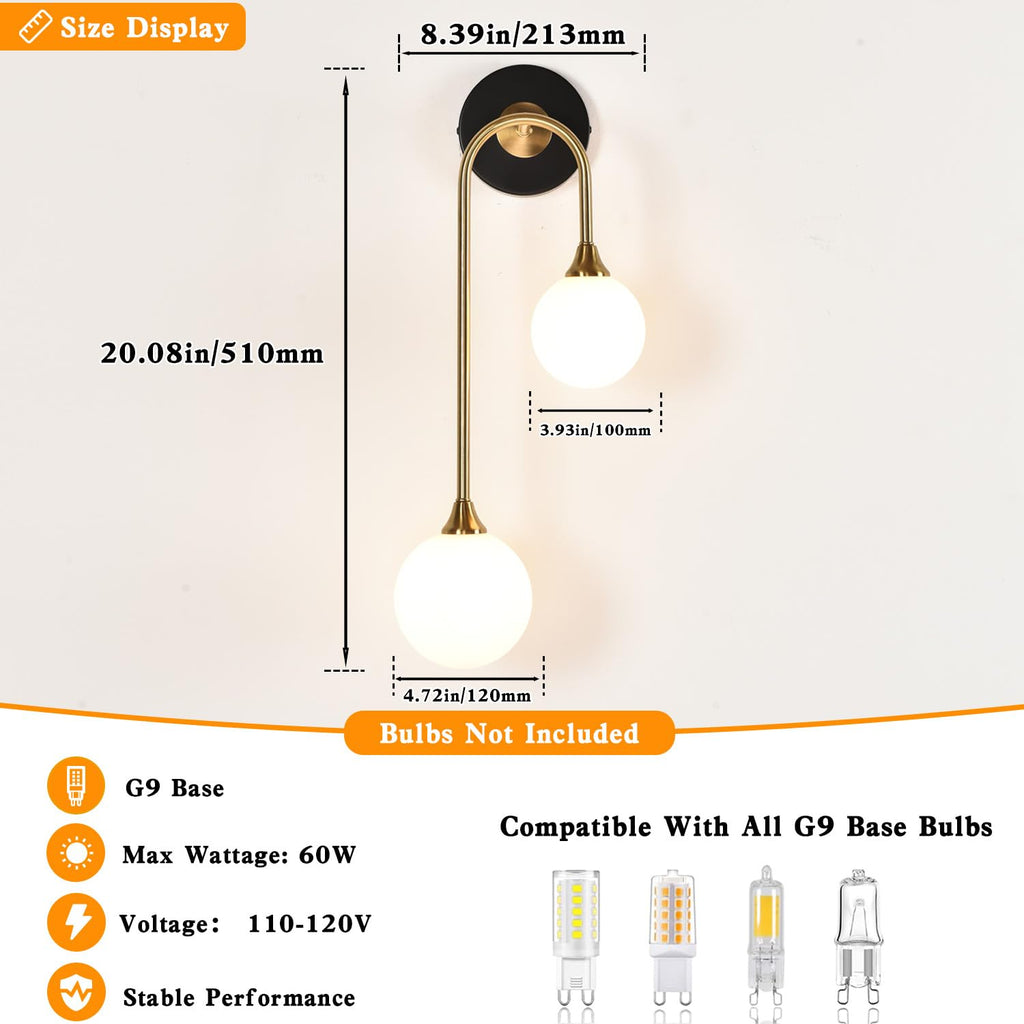 Mid Century Modern Wall Sconce Set of 2 Black and Gold Milk Glass Sconces with Double Ball Hardwired Wall Light