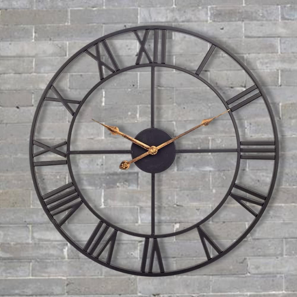 Large Industrial Wall Clock with Roman Numerals, Indoor Silent Non-Ticking Retro Clock