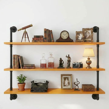 Industrial Pipe Wall Shelves - 36" Rustic Natural Oak Solid Wood Shelf, 9.85" Deep Industrial Pipe Floating Shelving