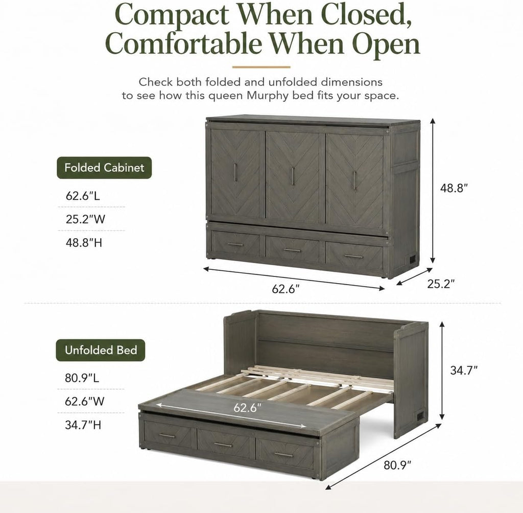 Queen Murphy Bed Cabinet with Storage, Space Saving Bed with USB Charging Station and Large 3-Compartment Drawer