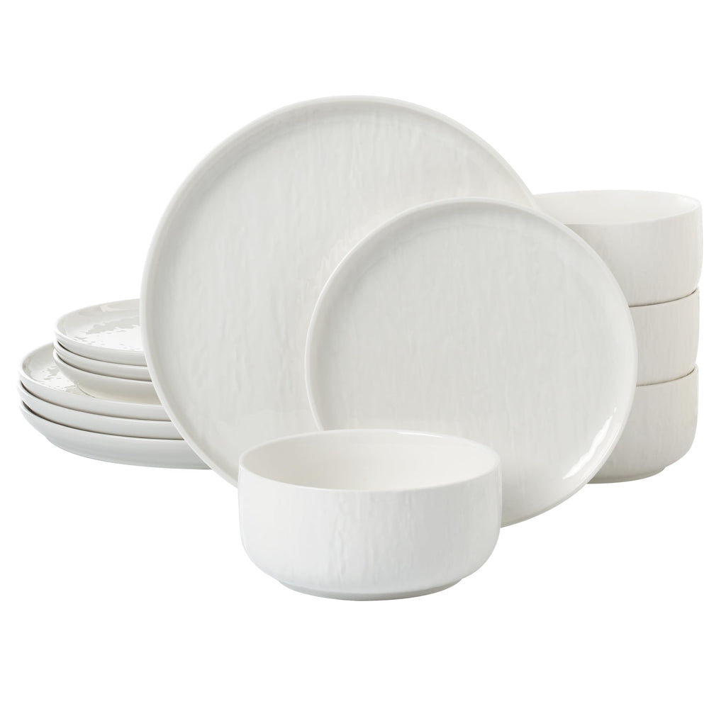 Durable Stoneware Dinnerware Set with Reactive Glaze Finish, 12-Piece, Kai White