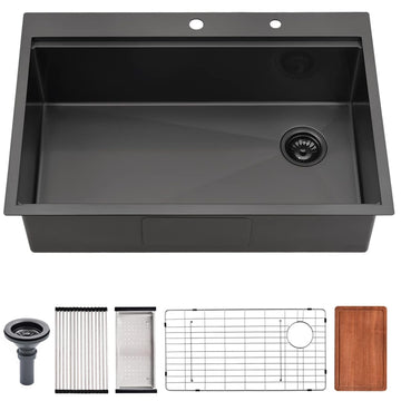 33 Inch Black Drop In Offset Drain, 33x22 Drop In Workstation 16 Gauge Stainless Steel Top Mount Single Bowl Sink