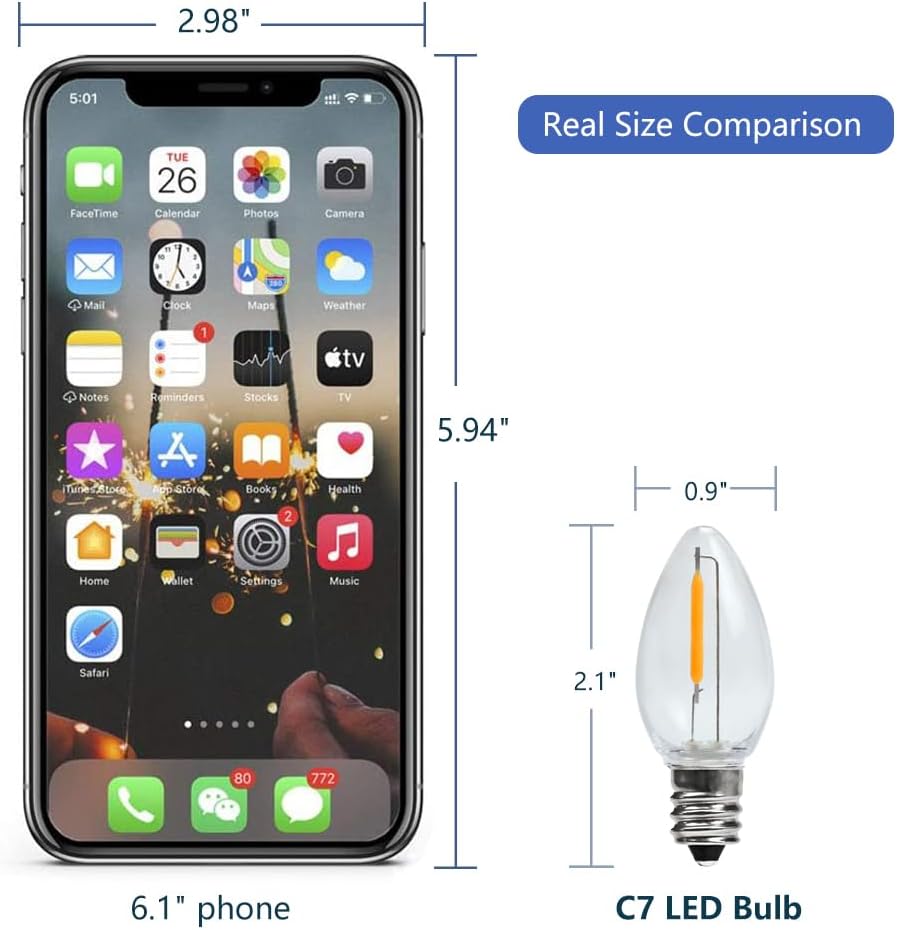 C7 LED Night Light Bulbs, 0.6W, E12 Base, Warm White 2200K, 50 Pack
