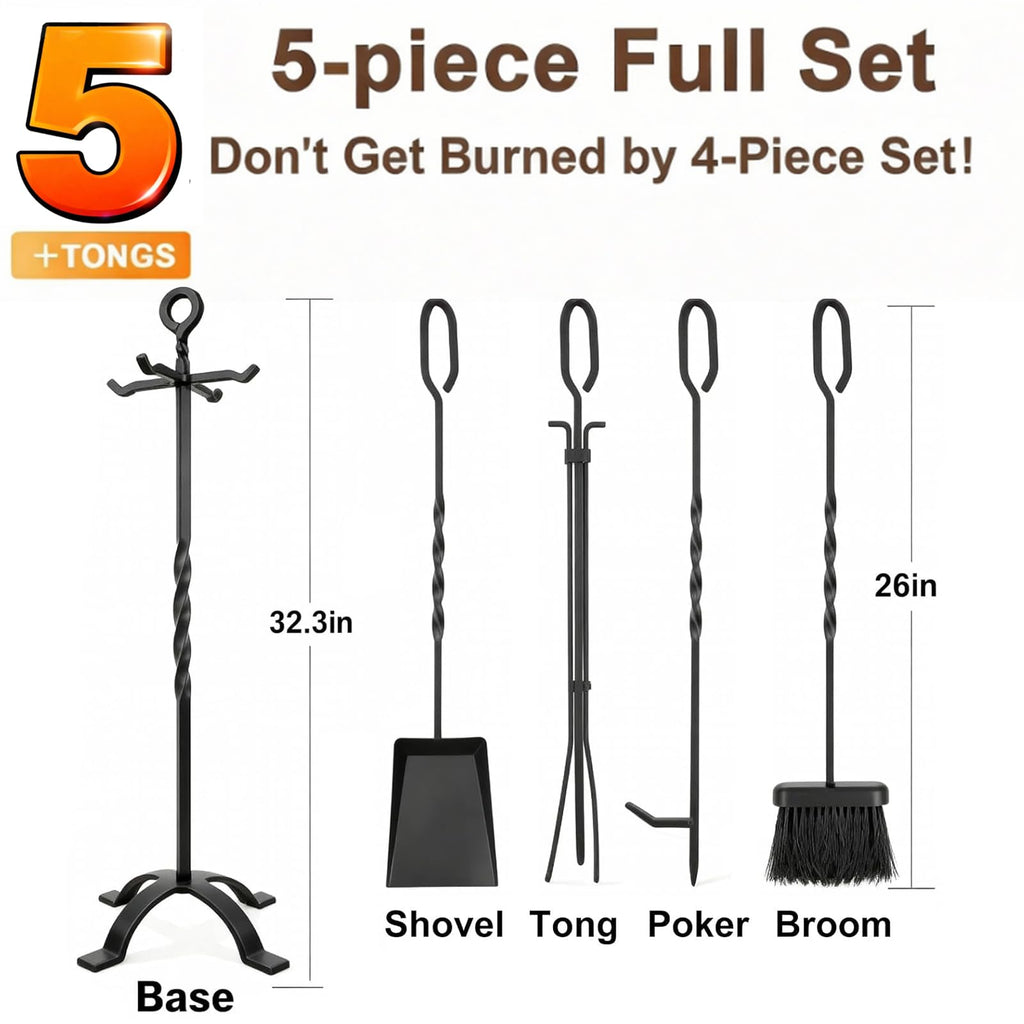 5 Pieces Fireplace Tools Set Indoor Wrought Iron Fire Set Fire Place Pit Large Poker Wood Stove Log Firewood Tongs