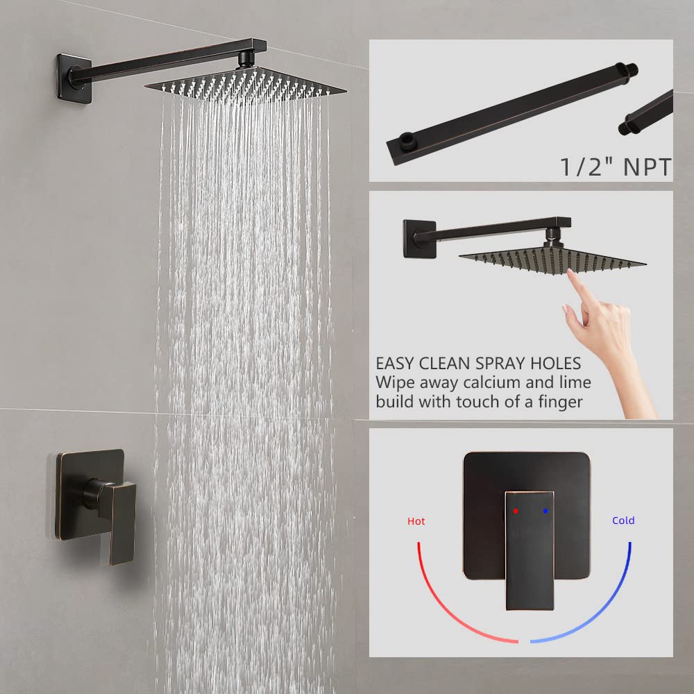 Oil Rubbed Bronze Shower Faucet Set, Single Function Shower Trim Kit with Rough-in Valve, Square Rain Shower Head