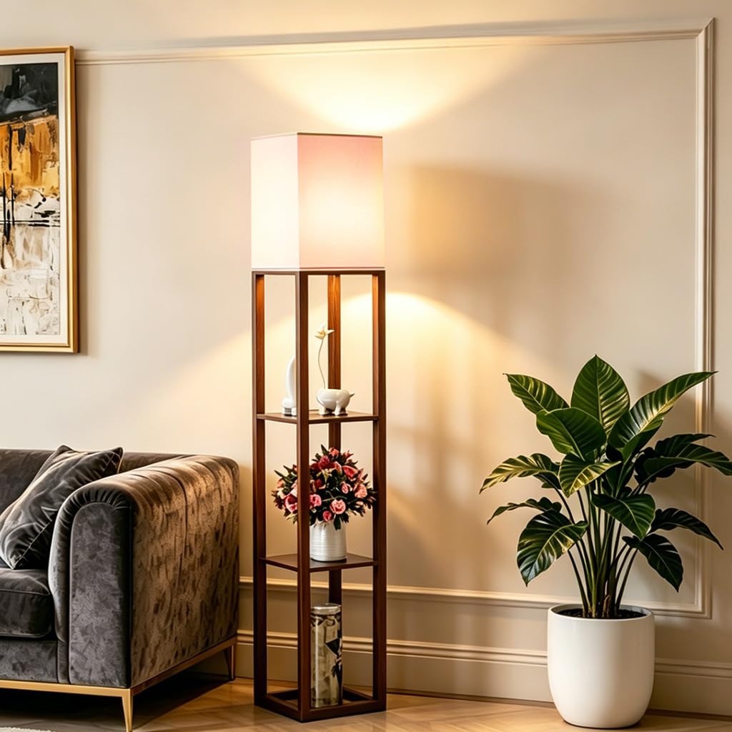 Floor Lamp with Shelves, Floor Light, Wood, Brown.