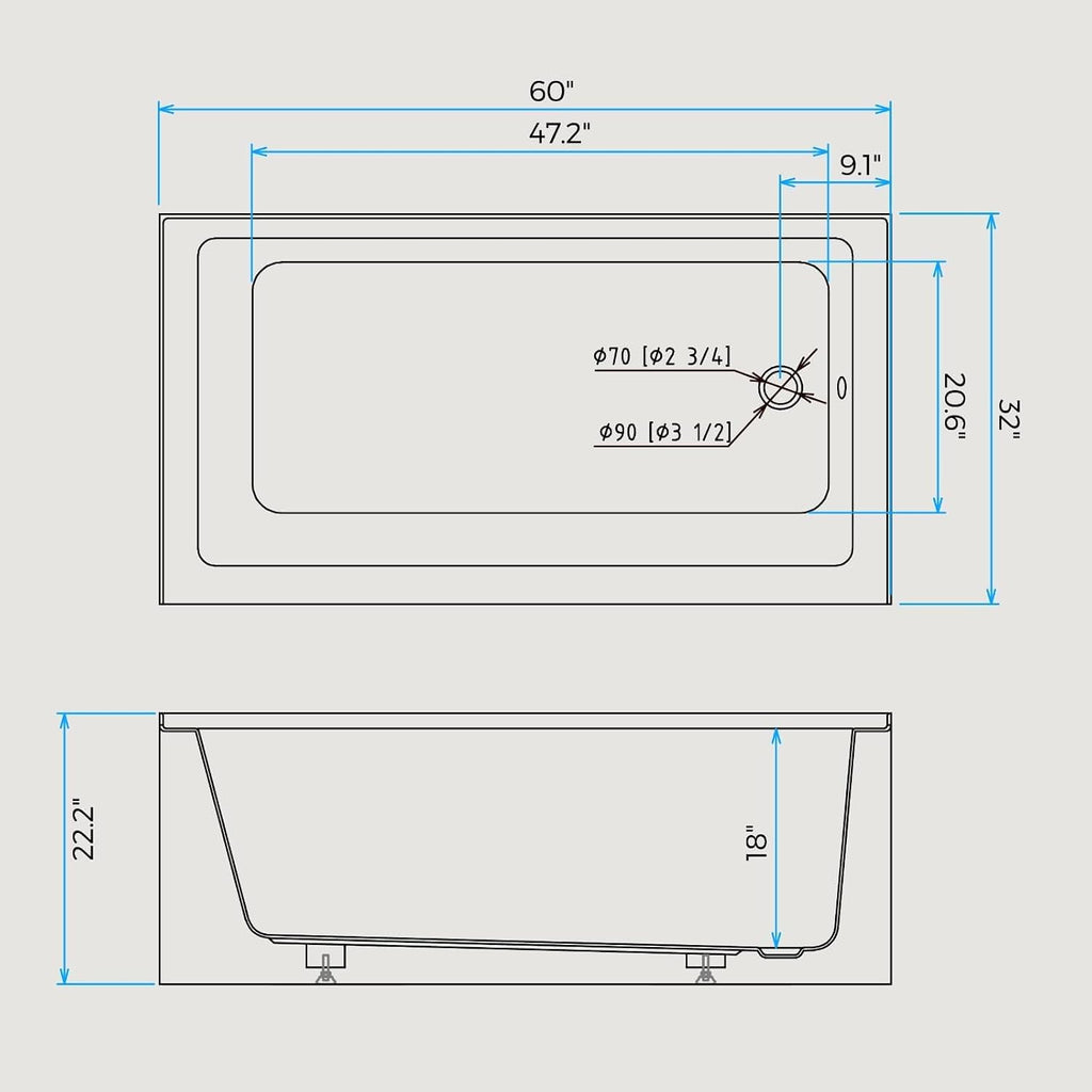 60 Inch Alcove Soaking Bathtub, Rectangular Acrylic Tub with Integral Apron, Left Drain, Glossy White Finish, Brushed